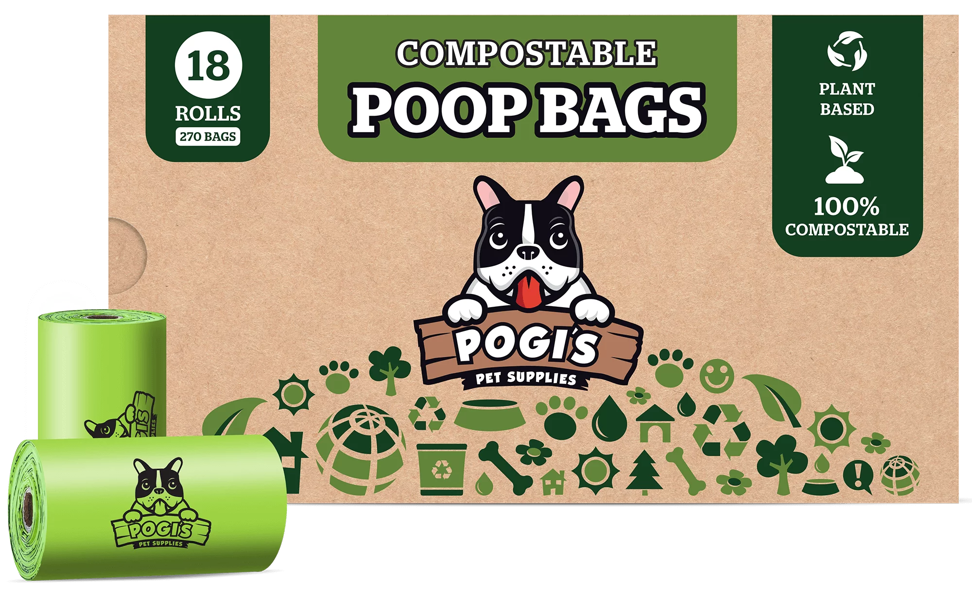Pogi's Compostable Poop Bags - Leak-Proof, Extra-Large, Plant-based, ASTM D6400 Certified Home Compostable Waste Bags for Dogs, 18 Rolls (270 Bags)
