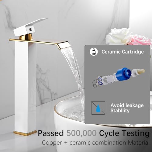White Gold Faucet Bathroom Vessel Sink Golden Waterfall Spout Faucet Single Handle Bowl Sink Faucet Modern Single Hole Basin Vanity Tall Bathroom Sink Faucet with Pop Up Drain Stopper Supply Hose