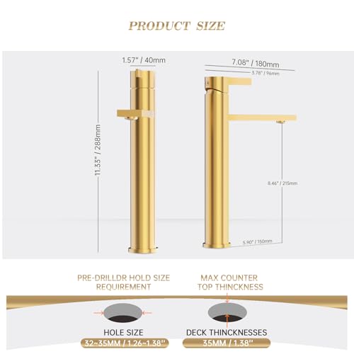 Phiestina Brushed Gold One Hole High Bathroom Vessel Sink Faucet, Single Hole Single Handle Tall Bathroom Faucet, with Pop Up Drain and Water Supply Line,FH01-BG-V