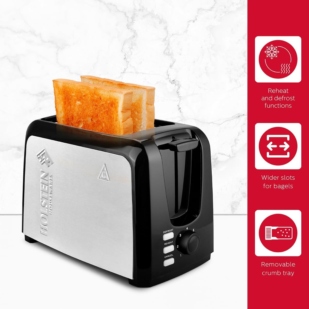 Holstein Housewares 2-Slice Toaster with 7 Browning Control Settings, Black - Great to Toast Bread, Bagels and Waffles