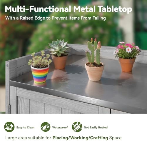 AECOJOY Outdoor Storage Cabinet&Potting Bench Table, Garden Wooden Work Bench with Adjustable Shelf, Patio Tool Work Station Planting Table with Metal Tabletop, Grey