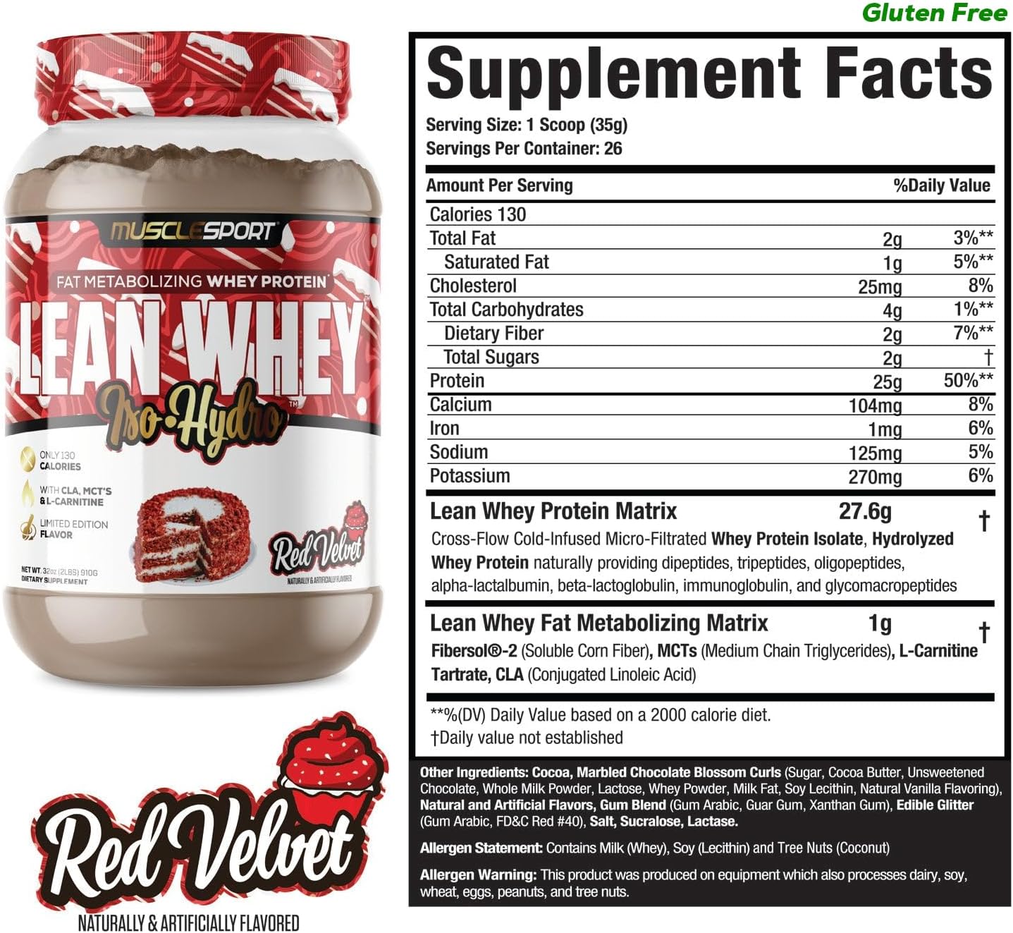 Musclesport Lean Whey Revolution™ Protein Powder - Whey Protein Isolate - Low Calorie, Low Carb, Low Fat, Incredible Flavors - 25g Protein per Scoop - 2lb Red Velvet