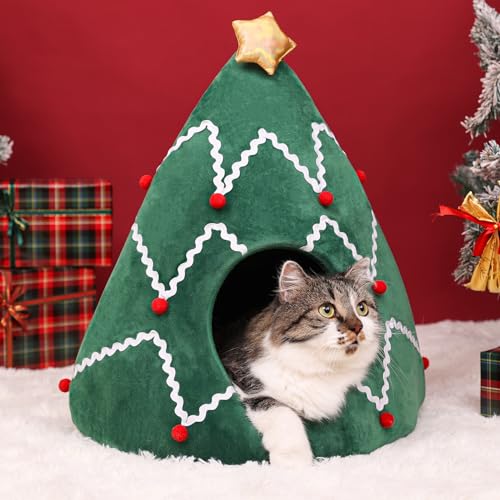 NIBESSER Cat Bed Christmas Hat Cat Tent House Self-Warming 2 in 1 Removable Comfortable Triangle Pet Teepee Xmas Dog Cave in Winter (Red)