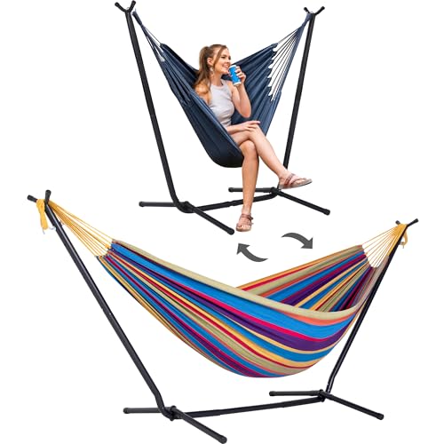 SUNCREAT 2-in-1 Hammocks Hammock Chair with Stand, 475 lbs Capacity, Heavy Duty Two Person Hammock with Stand, Patent Pending, Blue Stripe
