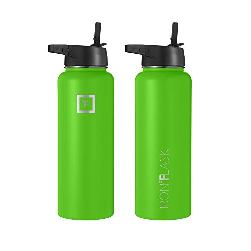 IRON °FLASK Camping & Hiking Hydration Flask with 3 Lids - Stainless Steel, Double Walled & Vacuum Insulated Water Bottle - Leak Proof & BPA Free (Midnight Black, Straw - 40 oz)