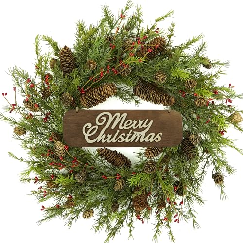 22 inch Artificial Christmas Wreath for Front Door Winter Cedar Wreath with Pine Cones,Pine Needles for Front Door Farmhouse Indoor Outdoor Holiday Home Decor