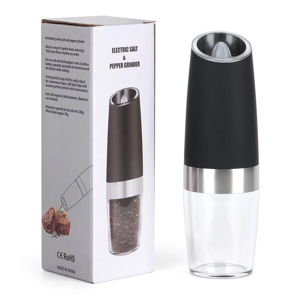 Deago 2 Pack Electric Gravity Salt and Pepper Grinder Set with Adjustable Coarseness Automatic Pepper and Salt Mill Grinder Battery Powered with LED Light