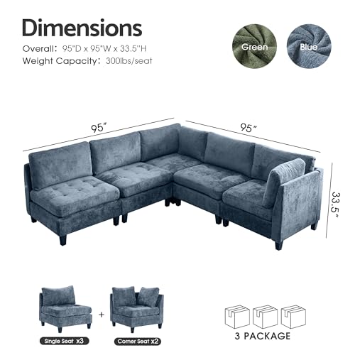 Luxe Oversized Modular Sectional Sofa, Modern Chenille Convertible Sleeper Sofa with Storage Ottoman, Comfy Deep Seat U-Shaped Cloud Couch for Living Room（Green，5-Seater + 1*Ottoman+ Tea Tray）