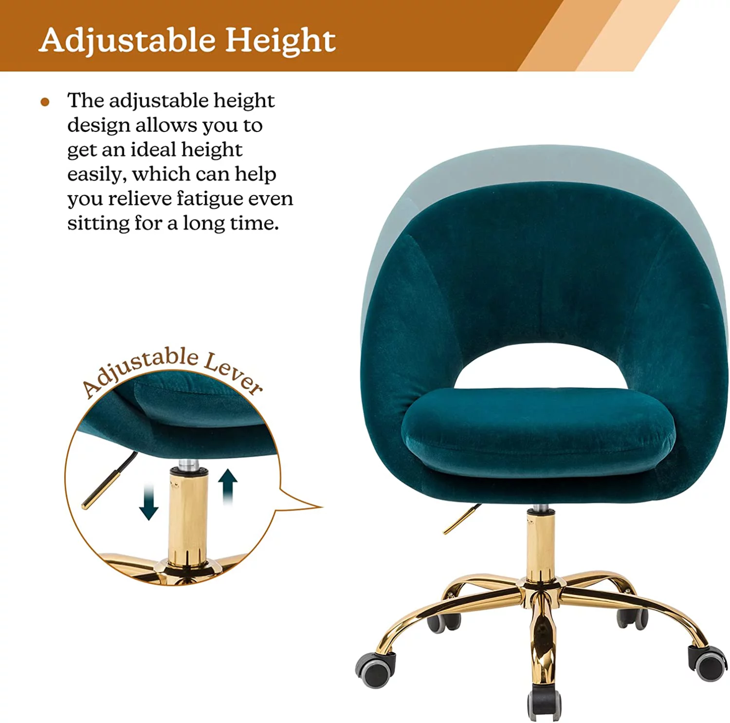 Modern Velvet Office Desk Chair Adjustable Swivel Upholstered Open Back Living Room Vanity Teal