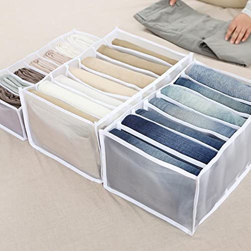 Drawer Organizers for Clothing,7 Grids Washable Wardrobe Clothes Organizer, Jeans Compartment Storage Box Foldable Closet Drawer Organizer Clothes Drawer Mesh Separation Box (White, Large-1PC)