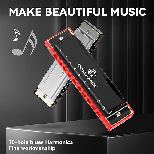 CONJURER Blues Harmonica for Kids Adult Beginners 10 Hole Diatonic Harmonica Key of C, Brass Reed Metal Mouth Organ C Key Blues Harp with Case, Blue
