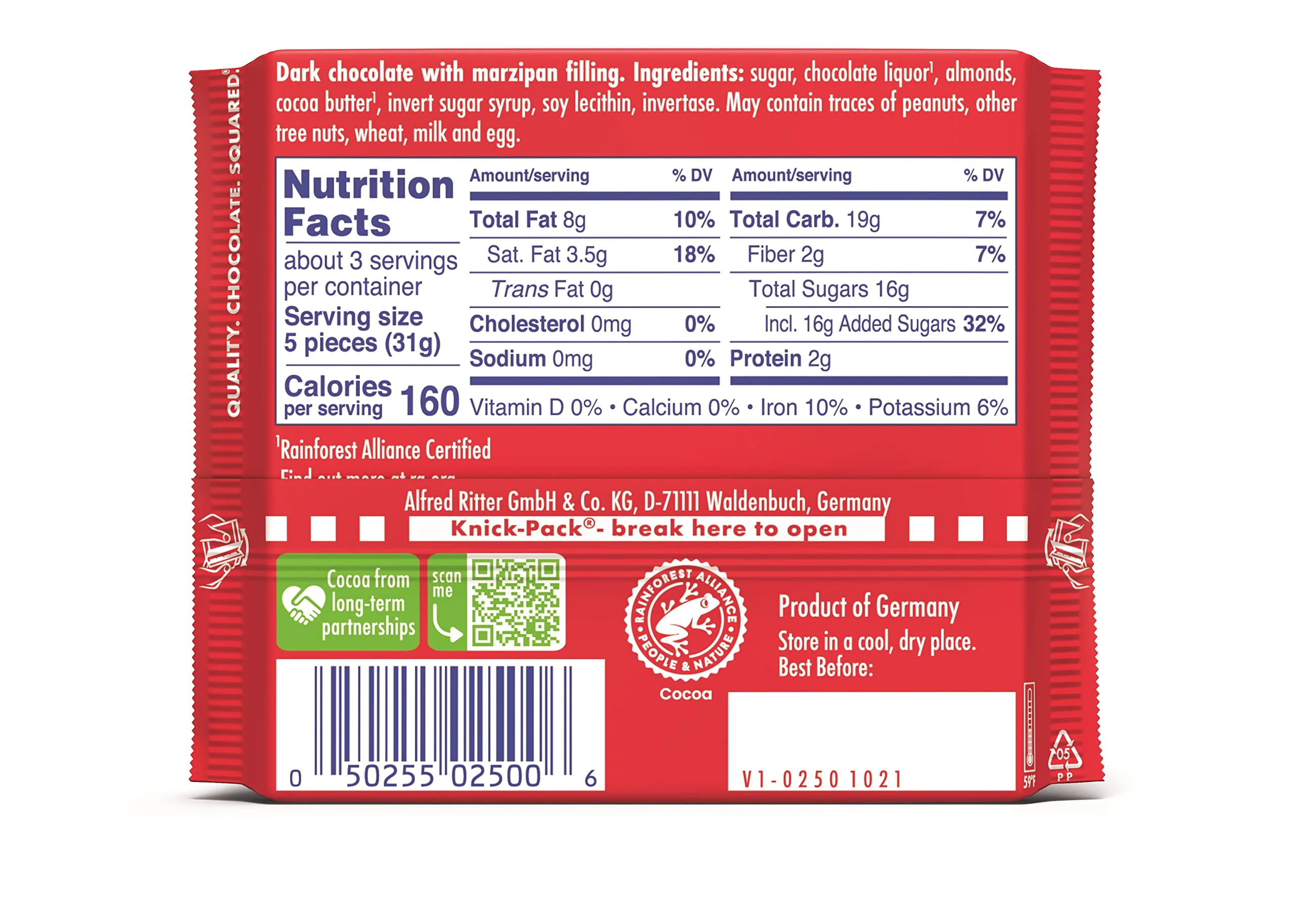 Ritter Sport Bars, Dark Chocolate with Marzipan, 3.5 Ounce (Pack of 12)