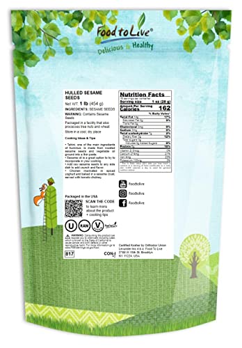 Hulled Sesame Seeds, 1 Pound — Non-GMO Verified, Whole Raw White Sesame Seeds, Kosher and Vegan, Unroasted, Bulk Sesame. High in Magnesium, Iron, and Calcium. Perfect for Tahini Paste