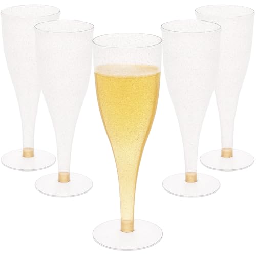 30 Disposable Champagne Flutes - 4.5 oz Gold Glitter Plastic Cups for Parties - Elegant Toasting Glasses - Perfect for Weddings, Engagements, Mimosa Bars, Thanksgiving, Christmas, New Year’s Eve