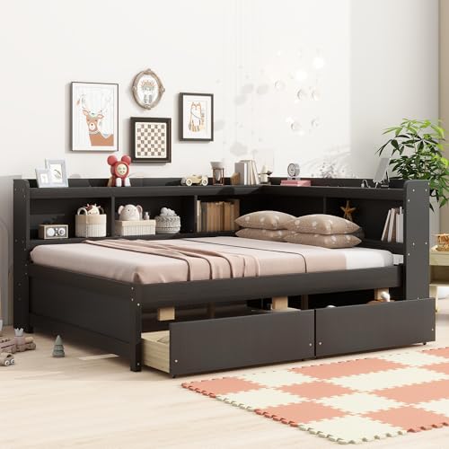 Full Size Daybed with Storage, Wood Corner Bed Frame with Bookcase Headboard and 2 Drawers, Wooden Sofa Bed with Shelves for Living Room Bedroom, No Box Spring Need, White