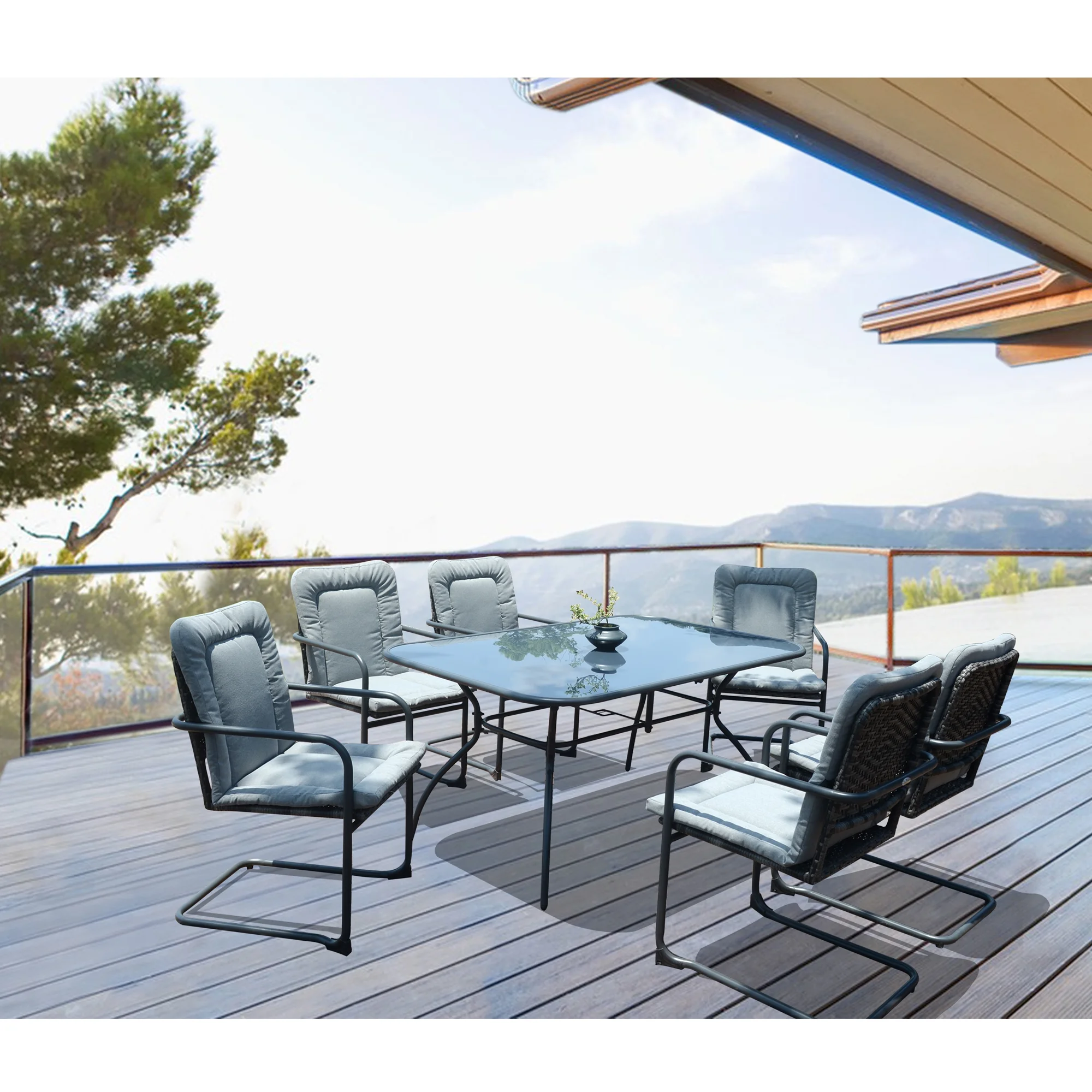 Oasis Casual Emelia 7Pcs Dining Set Six Wicker Spring Chairs,One Tempered Glass Rectangular Table