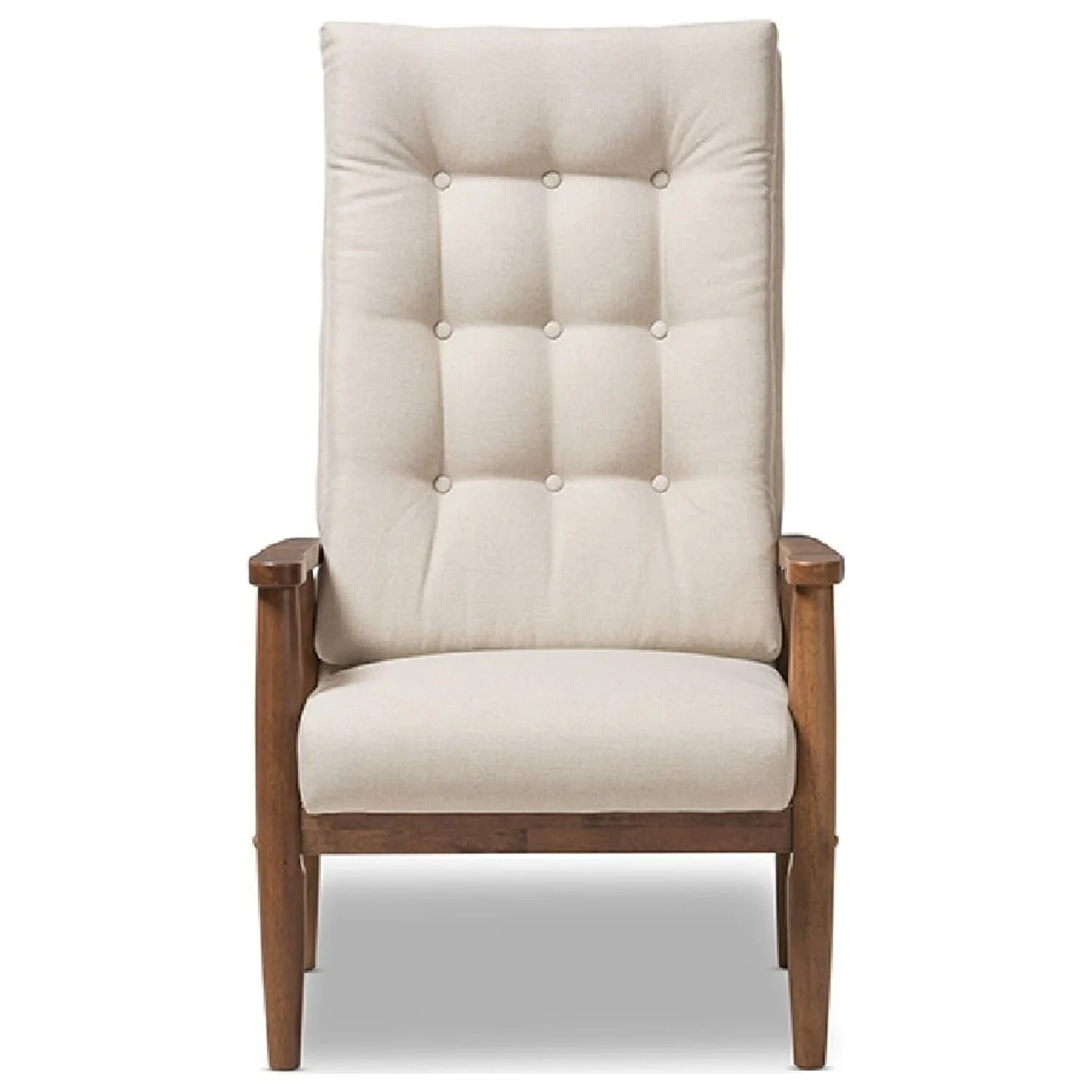 Baxton Studio Roxy Mid-Century Modern Walnut Brown Finish Wood and Light Beige Fabric Upholstered Button-Tufted