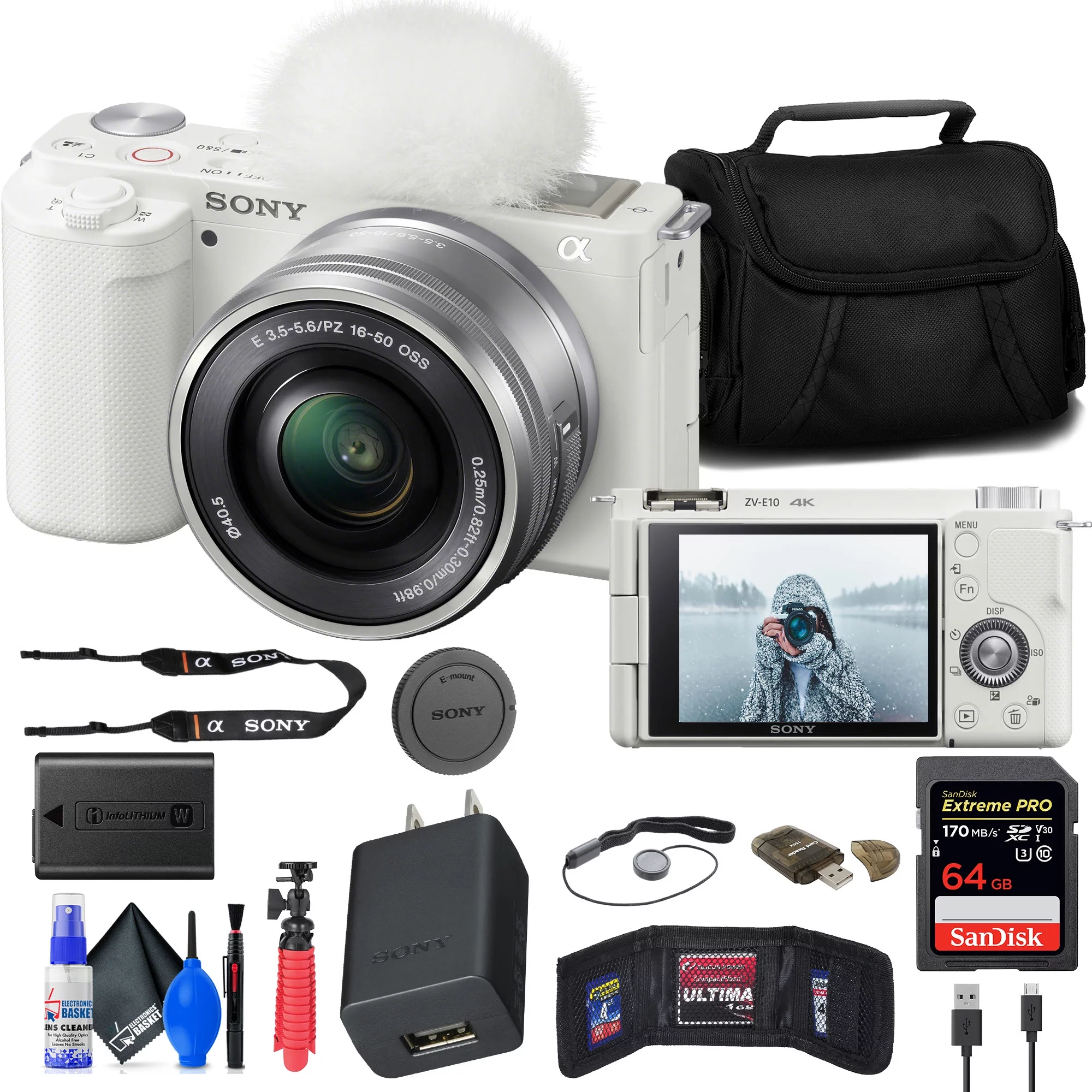 Sony ZV-E10 Mirrorless Camera with 16-50mm Lens (White) (ILCZV-E10L/W) + 64GB Memory Card + Card Reader + Case + Flex Tripod + Memory Wallet + Cap Keeper + Cleaning Kit
