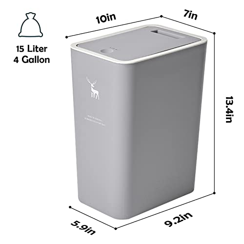 Trash Can with Lid, 2 Pack 4 Gallons/15 Liters Garbage Can with Press Top, Small Trash Can Dog Proof, Plastic Trash Bin, Waste Basket for Bathroom|Kitchen|Bedroom|Office (1, WhiteWhiteWhite)