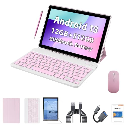 10.1 Inch Android 13 Tablet with SIM Card Slot 4G LTE Calling,12GB+512GB, 8000mAh Battery, Dual Camera, Bluetooth/WiFi, Bundle with Case, Keyboard, Mouse & Stylus (Pink)