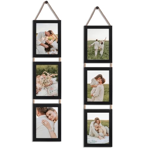 5x7 Collage Picture Frames Black, 3 Openings Vertical Hanging Photo Frame Set Display 5 by 7 inch Pictures for Wall Decor, 2 Pack