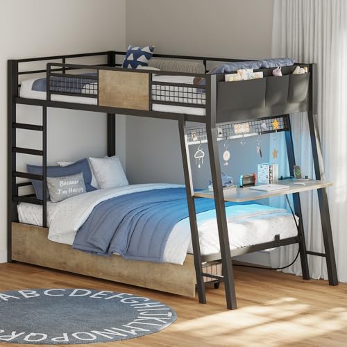 Bunk Bed with Desk, Twin Over Twin Metal Bunk Beds with Power Outlets, RGB LED Lights, 2 Larger Storage Drawers, Bed with Safety Guardrail & Ladders, No Box Spring Needed (Greige)