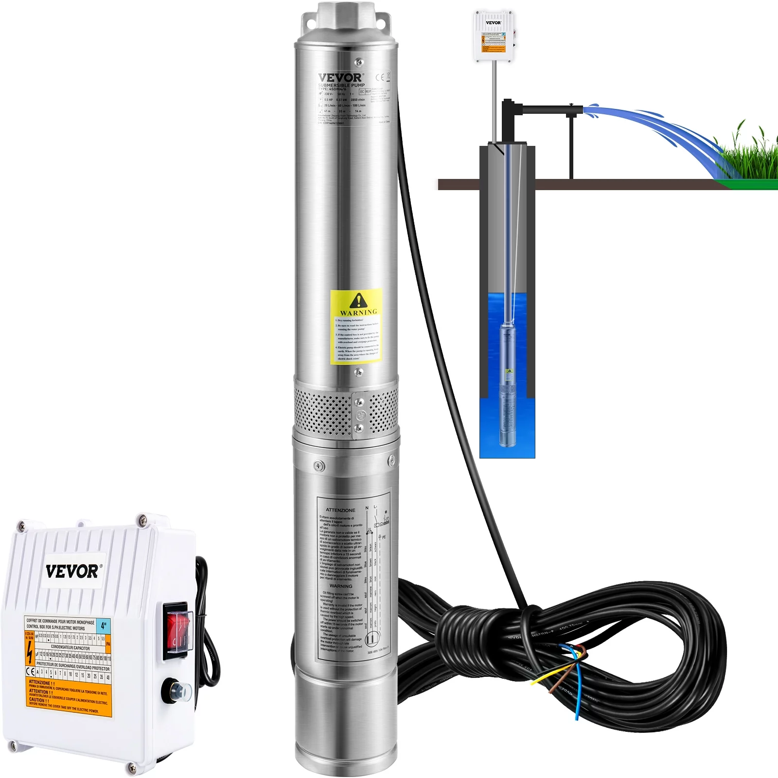 BENTISMDeep Well Submersible Pump, 2HP 230V/60Hz, 37GPM 427 ft Head, with 33 ft Cord & External Control Box, 4 inch Stainless Steel Water Pumps for Industrial, Irrigation and Home Use, IP68 Waterproof