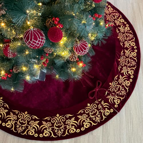 72-Inch Victorian Velvet Christmas Tree Skirt with Gold Damask Embroidery and Plush Lace Ties, Burgundy