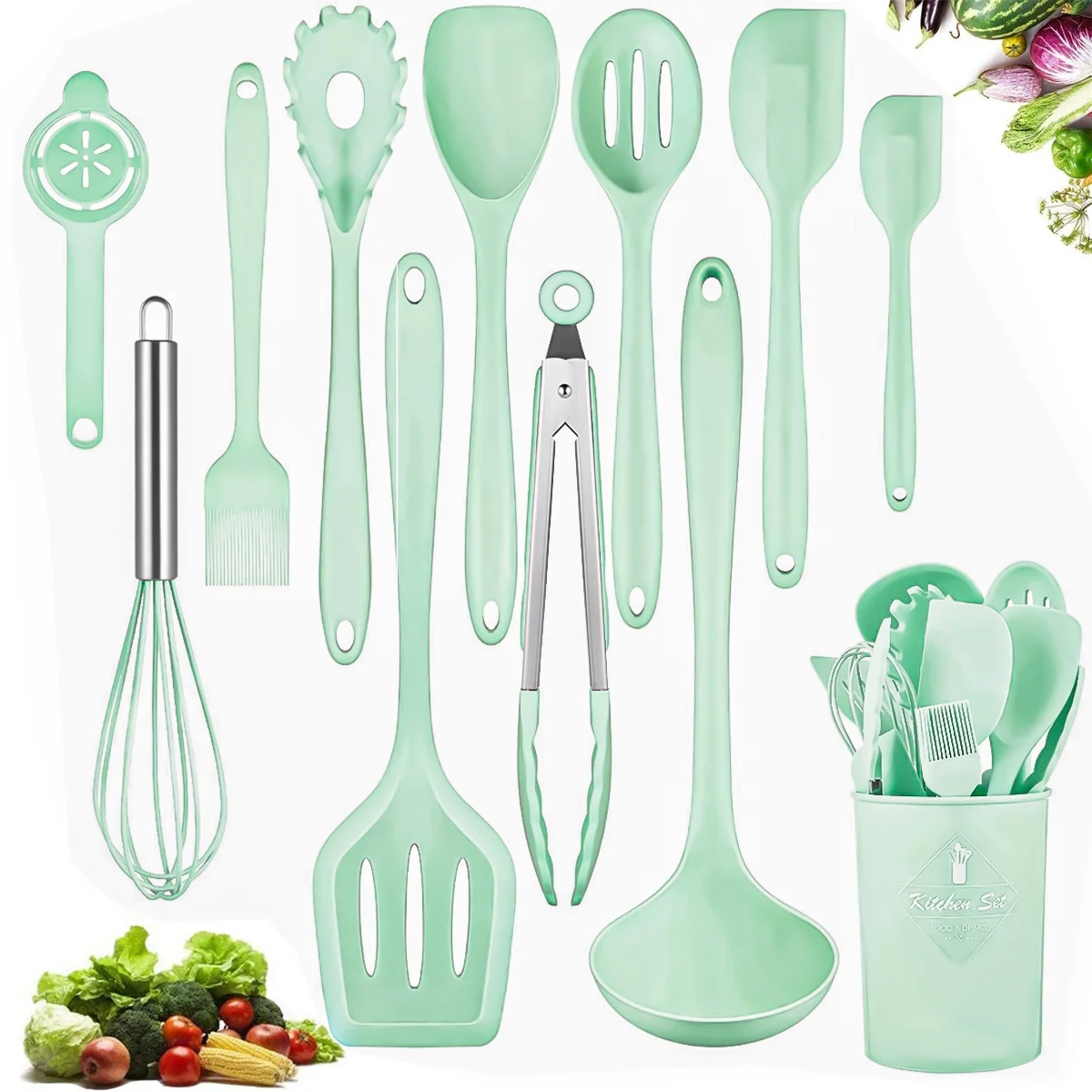 VIVAYO 12 Pieces Silicone Kitchen Utensils Set, Kitchen Cooking Spatula Sets with Holder for Cookware Heat Resistant Spoons, Turners,Tongs, Whisk, Basting Brush, Green