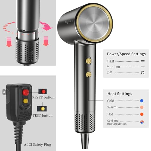 Hair Dryer with Diffuser - Negative Ionic Blow Dryer with 110, 000 RPM Brushless High-Speed Fast Drying, 1400W Low Noise Thermo-Control Hairdryer with Magnetic Nozzle and Wall Mount Holder