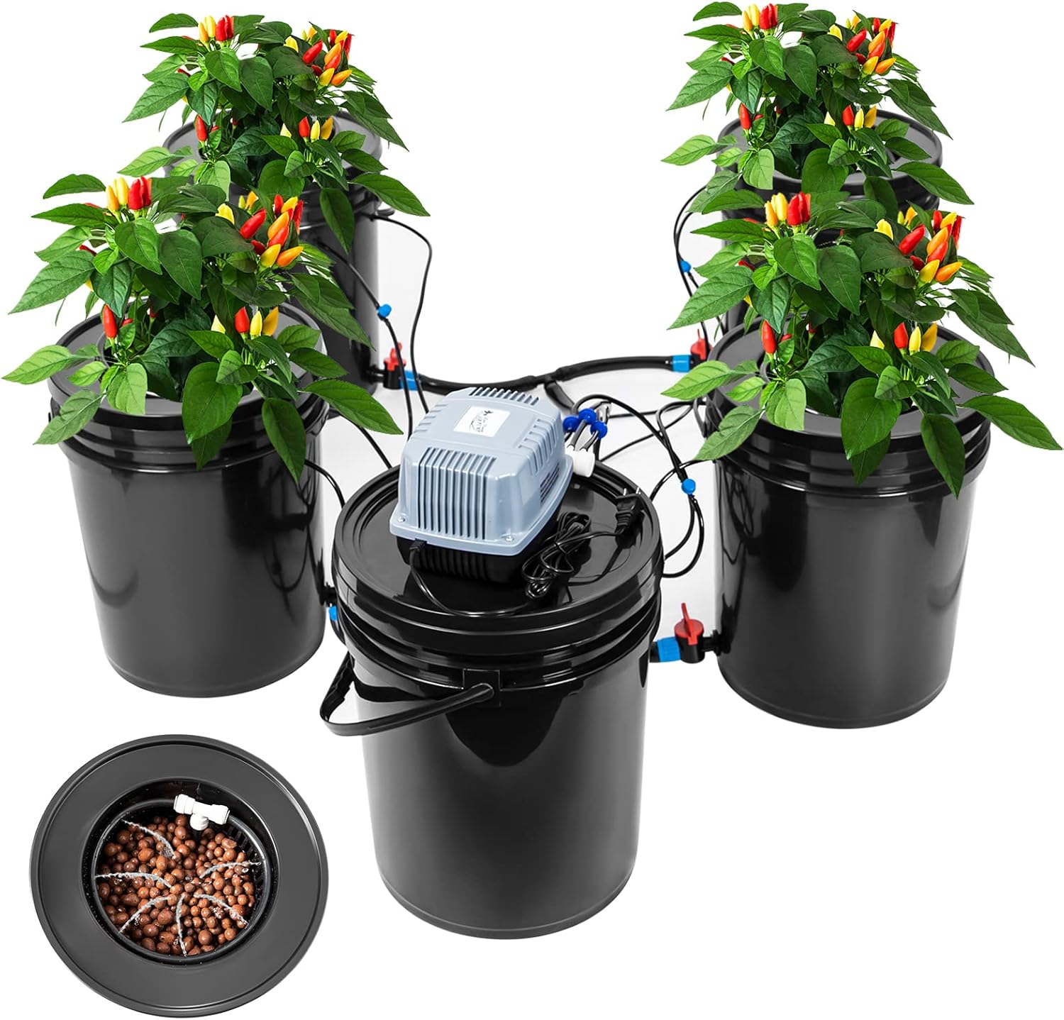 Hydroponics Growing System 5 Gallon DWC Hydroponic Bucket Kit Multi Barrel Hydroponic Machine Drip Irrigation System for Vegetables (4 Bucket + Reservoir Kit)