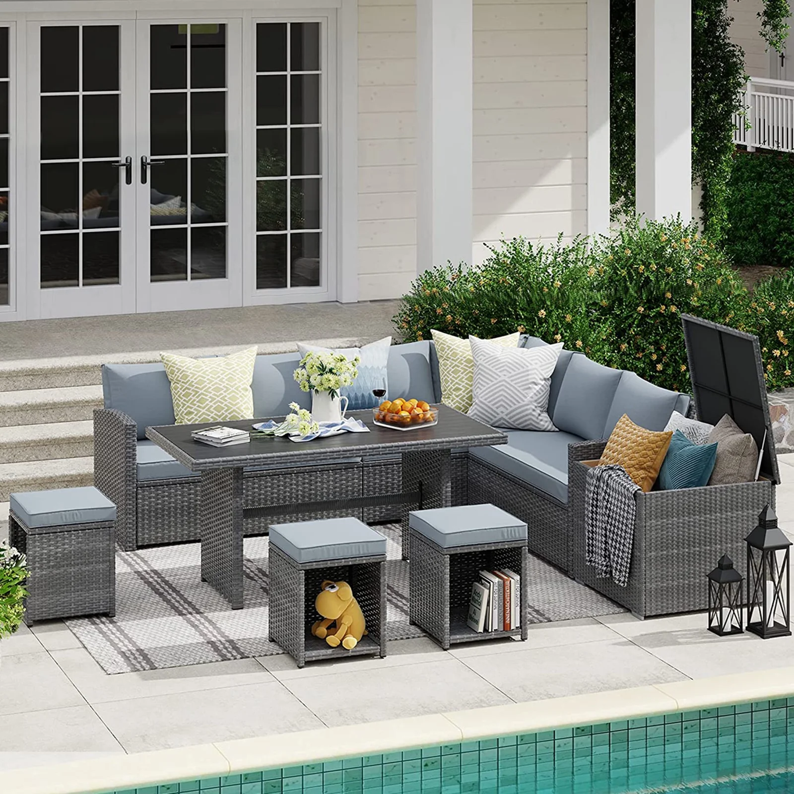 Patio Furniture Set, Outdoor 8 Pieces Dining Sectional Sofa Set with Storage Box, All Weather Wicker Conversation Couch Set with Aluminum Top Dining Table, Ottomans and Gray Cushions