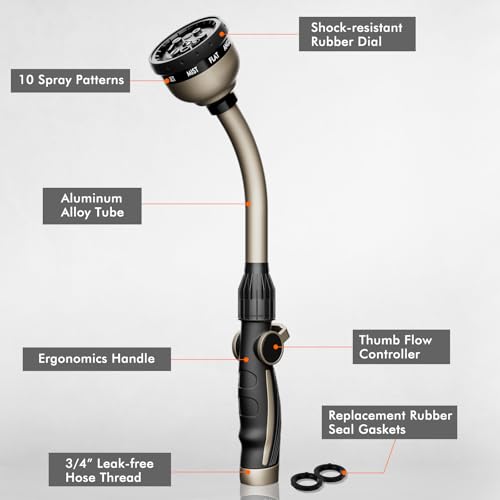 RESTMO Watering Wand Heavy Duty, Metal Garden Hose Wand with 10 Spray Patterns, 15-Inch Long Hose Nozzle Sprayer with Thumb Flow Control, Ideal to Water Hanging Baskets and Shrubs