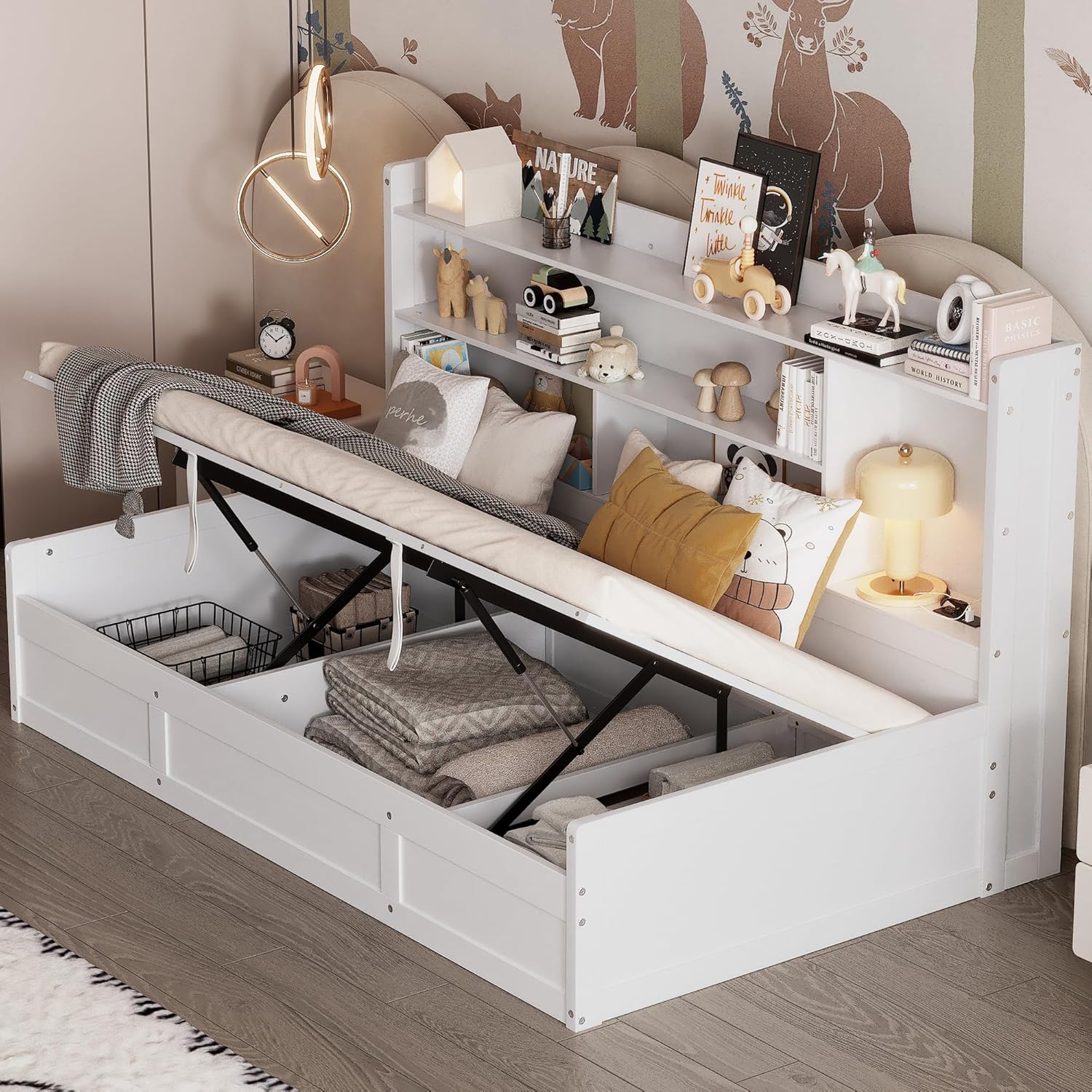 Twin Size Daybed with Storage Bookcases, Underneath Storage and USB Charging Station, Multi-Functional Hydraulic Storage Day Bed Sofa Bed for Living Room, Bedroom, Guestroom, White