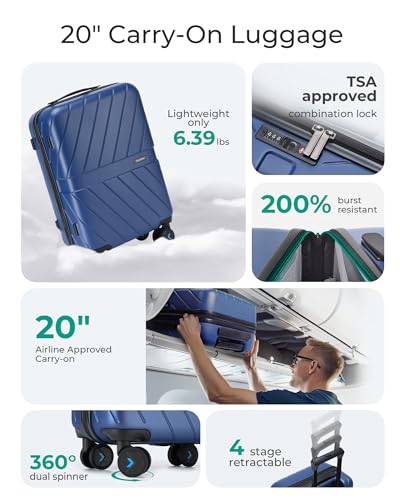 BAGSMART Carry On Luggage 22x14x9 Airline Approved With TSA Lock, 1OO% Polycarbonate Hardside Luggage with Spinner Wheels, Durable Hard Shell Carry On Suitcase 20 inch Black