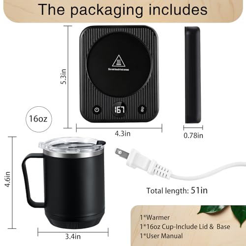 Waipfaru Coffee Warmer & Mug Set for Desk, Heated Cup With Auto Shut Off, Electric Self Heating & 3 Temperature Control Smart Mug for Office, Home and Travel, Black