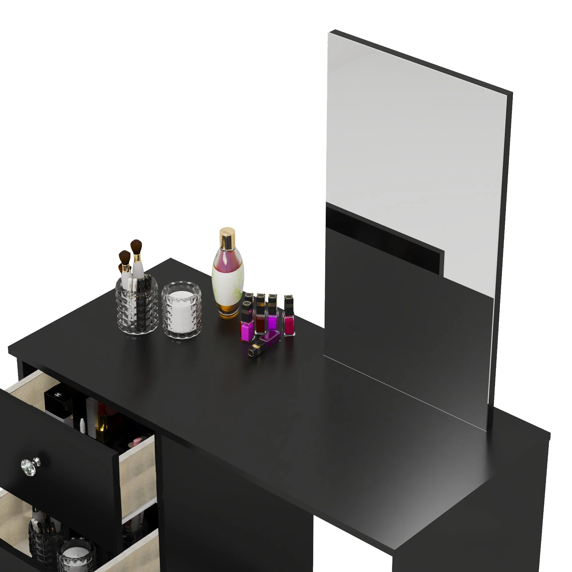 Boahaus Kira MINI Modern Makeup Vanity Table, 3 Drawers, Mirror, Crystal Knobs, Black, for Bedroom