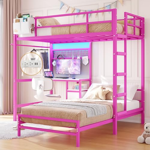 DICTAC Twin Over Twin Size Bunk Bed with Desk and Charging Station Metal Loft Bed with Led Lights & Storage Shelves and Drawers L-Shaped Bunk Bed for Teen,Safety Guardrail and Ladder,White