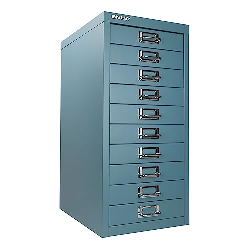 Bisley 10-Drawer Steel MultiDrawer Cabinet - Black, Chrome Pull Handles with Label Holders, Powder-Coated Steel, Removable Drawers, Fits Under Most Desks, Labels Included