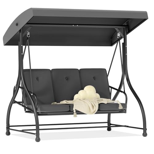 3-Seat Outdoor Porch Swing Glider with Adjustable Canopy, Patio Swings Bed with Removable Cushion for Porch, Backyard, Garden, Poolside, Balcony - Gray