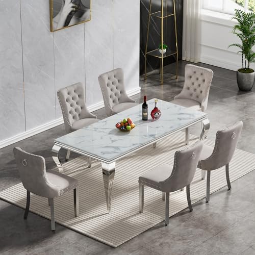 White Marble Dining Table Set for 6, Modern Kitchen Dining Room Table Set for 6,Rectangle Faux Marble Dining Table and 6 Grey Velvet Tufted Upholstered Chairs,7 Piece Luxury Silver Dining Table Set