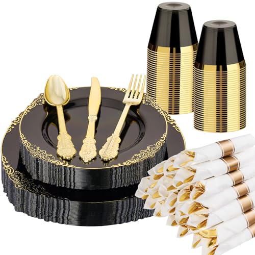 350 PCS Black and Gold Plastic Plates, Disposable Dinnerware Set for 50 Guests, 100 Disposable Plates, 150 Silverwares, 50 Cups, 50 Napkins for Wedding, Party, Graduation