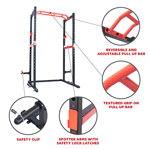 Sunny Health & Fitness Power Zone Strength Rack Power Cage - 1000 LB Weight Capacity, Spotter Bar, Angled Pull-Up Bar, J-Hooks, Resistance Band Pins, Optional LAT Pull Down
