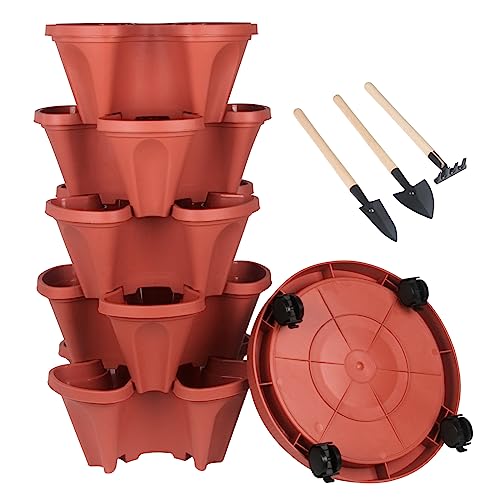 DUNCHATY Stackable Planters 7 Tier Vertical Garden Planting Tower Planters Strawberry, Herb, Flower, and Vegetable Planter Indoor Outdoor Gardening Pots with Removable Wheels and Tools