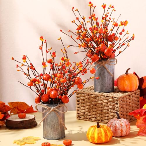 Mimorou 4 Set Artificial Autumn Flowers Table Centerpiece with Vase 6 Pcs Pumpkin Berry Picks 2 Pcs Metal Vases Vintage Artificial Fall Flowers Decor Faux Fall Plants for Thanksgiving Farmhouse Home