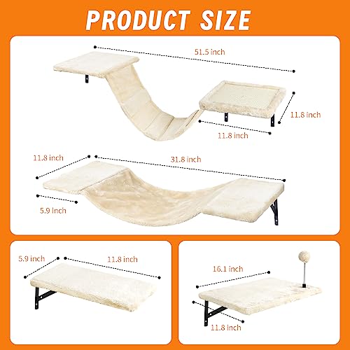 Wall-Mounted Cat Climber Set with Climbing Shelves, Perches, Bridge,Hammock,Scratching Board & Ball - 7 Pcs Wood Indoor Cat Furniture for Kittens Play (Beige)