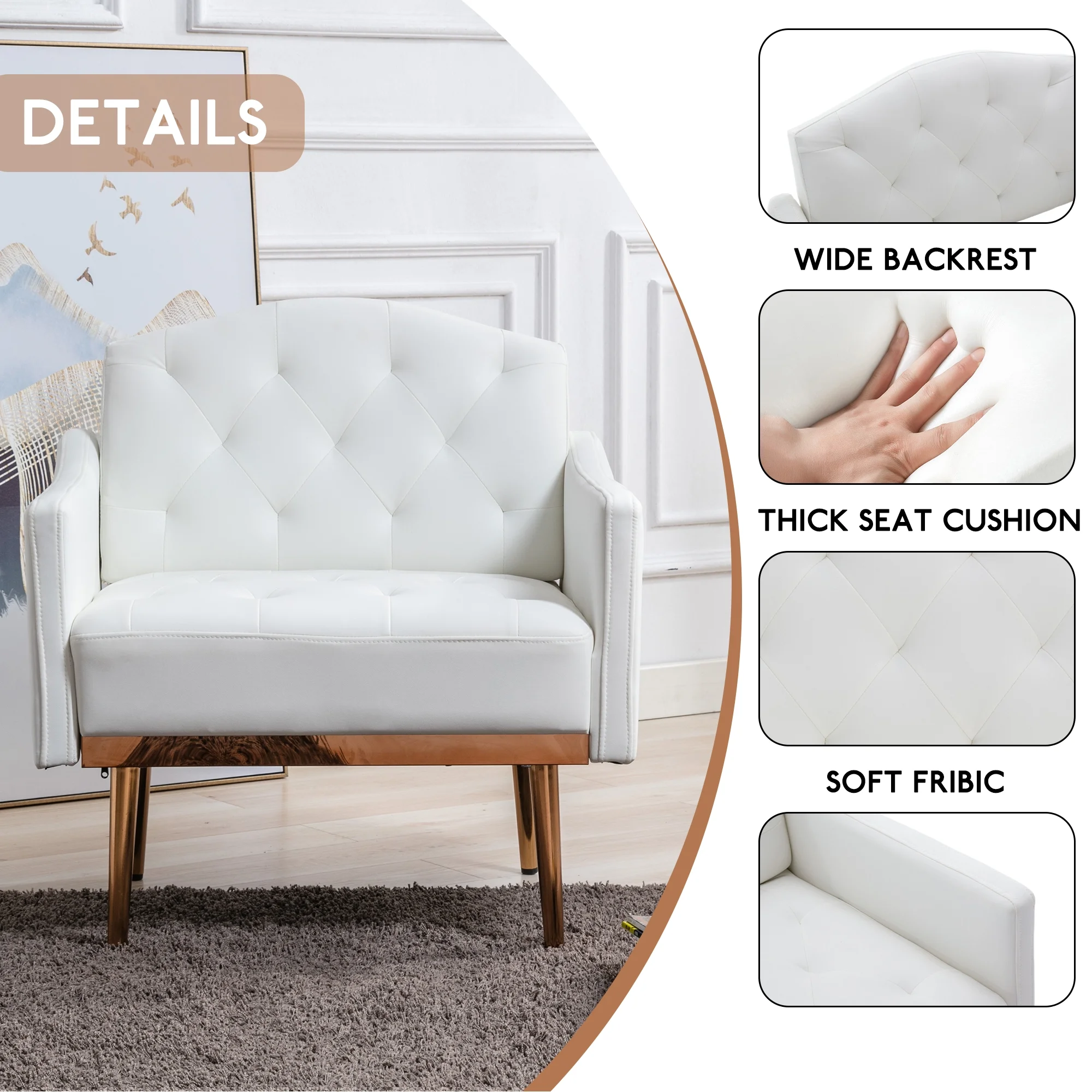 HOMEFUN White Modern PU Leather High-Back Leisure Single Accent Chair with Rose Golden Metal Feet