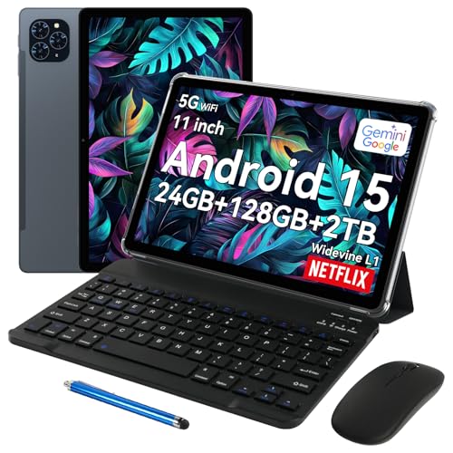 Tablet 11 Inch Android 15 Tablets T90, 1920 * 1200 FHD Display, 24GB RAM 128GB ROM /2TB TF, T615 Octa-Core+13MP Camera, 8000mAh, Widevine L1, 2 in 1 Tablet with Keyboard Mouse Stylus, Gray