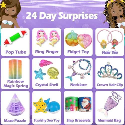 Advent Calendar 2025 for Girls - 24 Days Surprise Christmas Mermaid Gift Box - Christmas Countdown Kids Advent Calendars - Mermaid XMAS Gifts Including Hair Accessories, Fidget Toys
