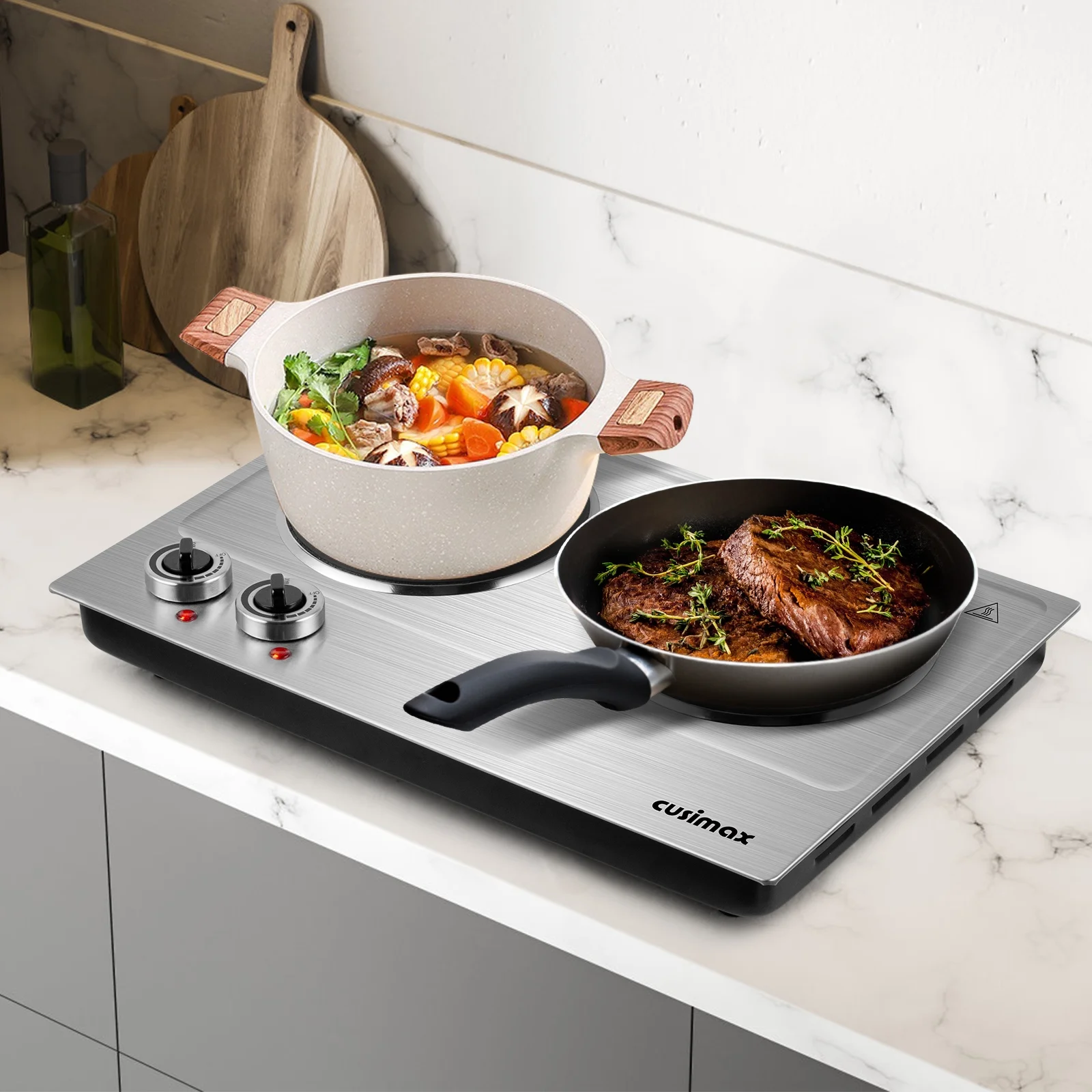 Hot Plate, CUSIMAX 1800W Infrared Double Burner, Ceramic Glass Cooktop, Cooking Electric Heating Plate, Easy to Clean, Stainless Steel, Silver